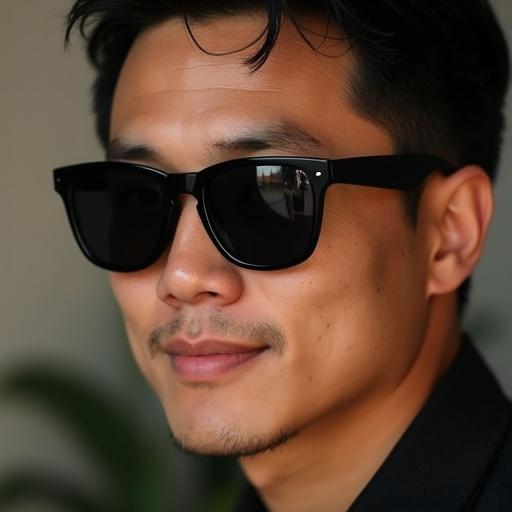 Close-up shot of a man wearing sunglasses. Focus on the facial features and sunglasses. Background is blurred slightly to emphasize the subject.