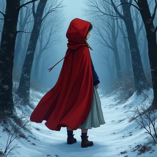 A character wearing a red hooded cape stands in a snowy forest. The woods appear dark and mysterious. The character looks back over their shoulder, showing blue eyes. The art style is anime with an impasto texturing effect.
