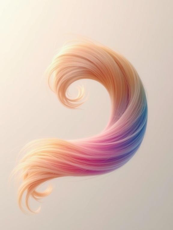 A smooth glossy strand of rainbow striped hair flows through the image like an elegant ribbon. Hair wraps and twists in the air. Hair appears voluminous silky and healthy. Hair has soft light brown tones natural highlights and a gentle shine. Movement is fluid and graceful resembling a floating ribbon. Background is minimal and light.