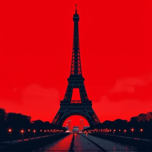 Eiffel Tower viewed from the bottom against a red background. Highly detailed vector artwork in NFT style.