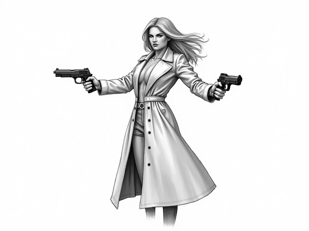 The image shows a powerful figure in a dramatic stance. She is wearing a long, stylish trench coat that billows slightly as if caught in a breeze. Her hair is long and flowing, adding to her striking appearance. In each hand, she holds a pistol, emphasizing her readiness for action. The artwork is rendered in black and white, resembling a detailed pencil sketch with intricate shading and lines, capturing an intense expression.