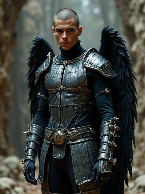 Hyperrealistic fashion photo of a model in avant-garde warrior attire. Suit features lashed sheet metal, barbed wire, metal bracers, large black wings, and spikes. Surreal fantasy backdrop creates an edgy atmosphere. Details crafted in an art style reminiscent of Atey Ghailan, Edouard Bisson, and Becky Cloonan.