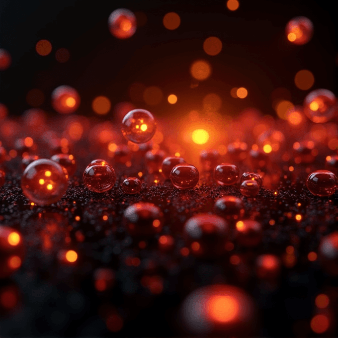 The image shows glowing red spheres floating over a dark surface, with a bright light in the background.