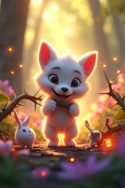 A 3D animated scene in a vibrant forest filled with glowing plants. A white puppy named Tuku pulls a white rabbit named TunTuni free from thorny vines. His fur glows under bright sunlight as he uses his teeth to help. The scene includes vibrant colors and magical elements, with fireflies and sparkling details.
