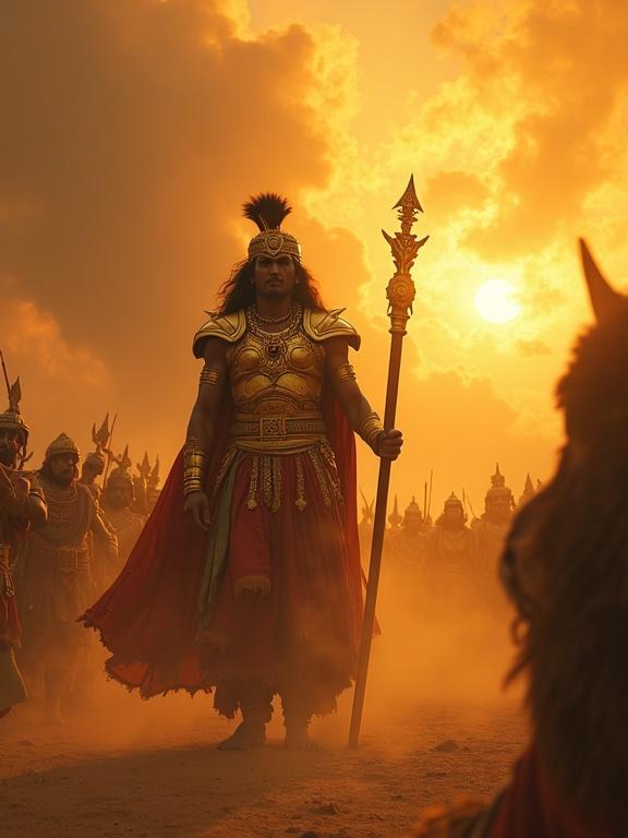 Scene with clouds parting divine chariot emerges Karna stands tall golden armor expression calm commanding presence soldiers watch fear silence war pauses lion wakes dust storms Karna looks ahead flaming eyes music swells veena war drums