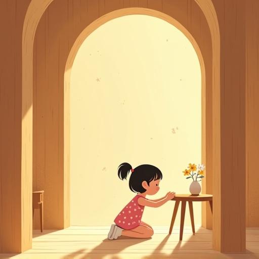 A soft flat-style children’s illustration. Inside a symbolic wooden house with a dreamy atmosphere. Soft golden light fills the scene. A young girl, sitting on her knees in a pink polka dot dress, gently pulls a wooden column. She has short black hair in a ponytail. A small table with a vase of flowers is nearby. The focus is on her calm posture and the peaceful surroundings.