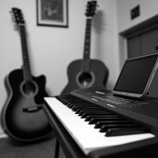 Close-up shot of keyboard with a small screen attached. Keys are in focus. Two guitars in the background. One acoustic guitar on the left. One electric guitar on the right. Rectangular frame on the wall. Soft shadows. High contrast. Vintage feel. Music studio setting. Minimalist composition. Grayscale. Sharp details. Slight blur in the background. Textured wall. Piano keys in black and white. Modern keyboard. Casual arrangement. Intimate atmosphere.