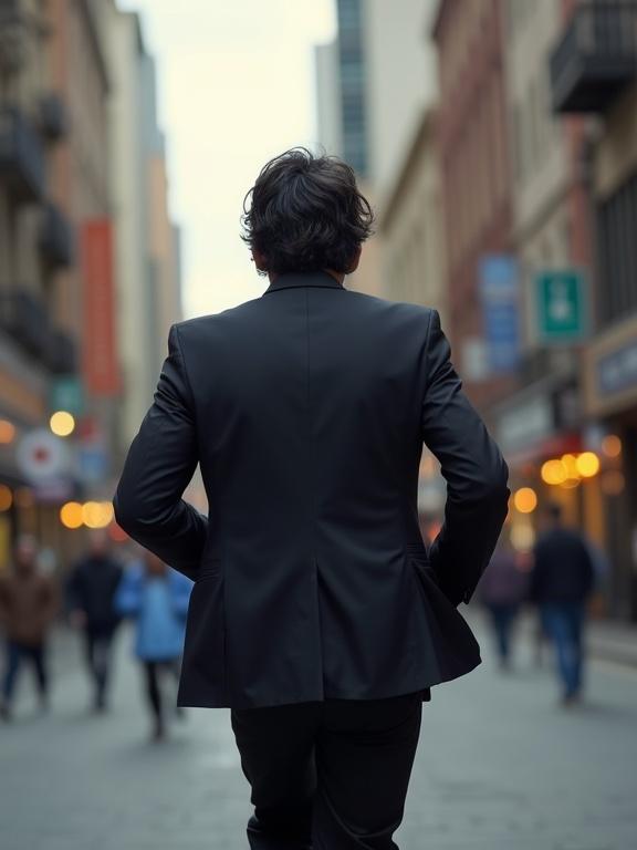 A handsome Latino man in a dark suit walks on a busy street. He has wavy hair and is looking back at the camera. His expression shows fear. The perspective shows him from behind in a full-body shot.