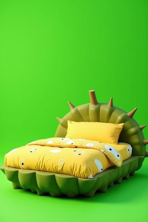 Quirky children's bed with a durian theme set against a green screen. Bed frame shaped like durian fruit with spiky green rind. Soft yellow mattress resembling durian inside. Comforter has cartoonish durian seed patterns. Playful, round, child-friendly design with Pixar-style textures and bright colors. Soft lighting enhances details.