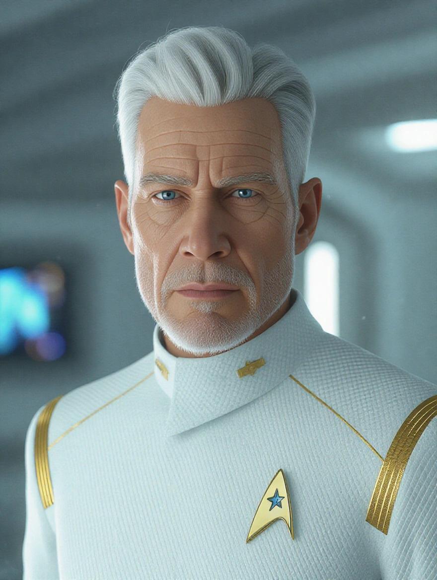 Hyperrealistic portrayal of a muscular man in futuristic Star Fleet uniform. Character has white hair and striking blue eyes. Scene is ambient and futuristic with attention to skin detail and textures. Shot includes a full-body view from a low angle.