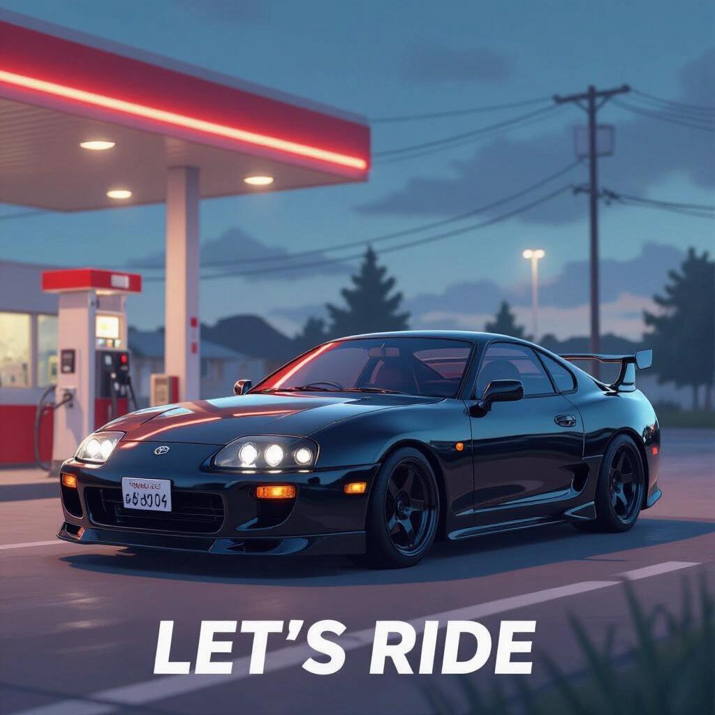 2.5D representation of a black Toyota Mk3 Supra at a gas station. The car has a Yandere face and the text 'LET'S RIDE' is displayed prominently.