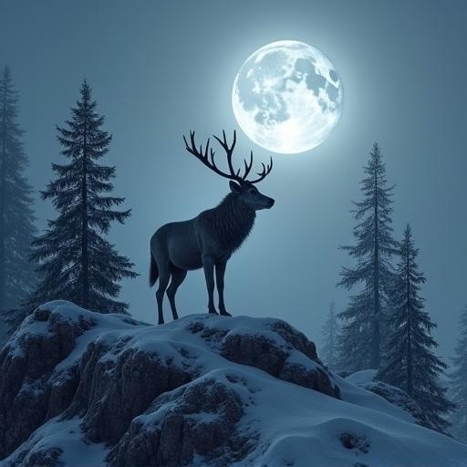 A majestic deer stands proudly atop a snowy mountain. The full moon backlights the deer’s antlers. A misty forest surrounds the scene, creating an ethereal atmosphere. Soft moonlight enhances the tranquility and solitude. The style evokes Romantic landscapes with a touch of fantasy.