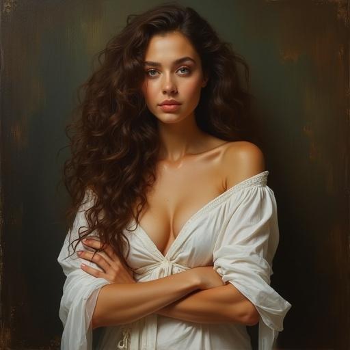Captivating 4k oil painting of a woman with long curly hair dressed in a white garment arms crossed radiating confidence dark textured background warm colors enhancing depth balancing light and shadow soft highlights on garment texture inviting mood expressive brushstrokes blending realism with flair