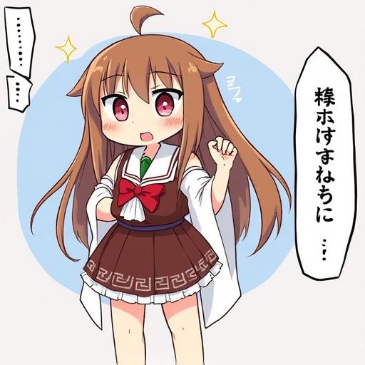 Anime girl in a school uniform with long hair smiling. Background has a blue circle. Character has a cute expression and is gesturing happily.