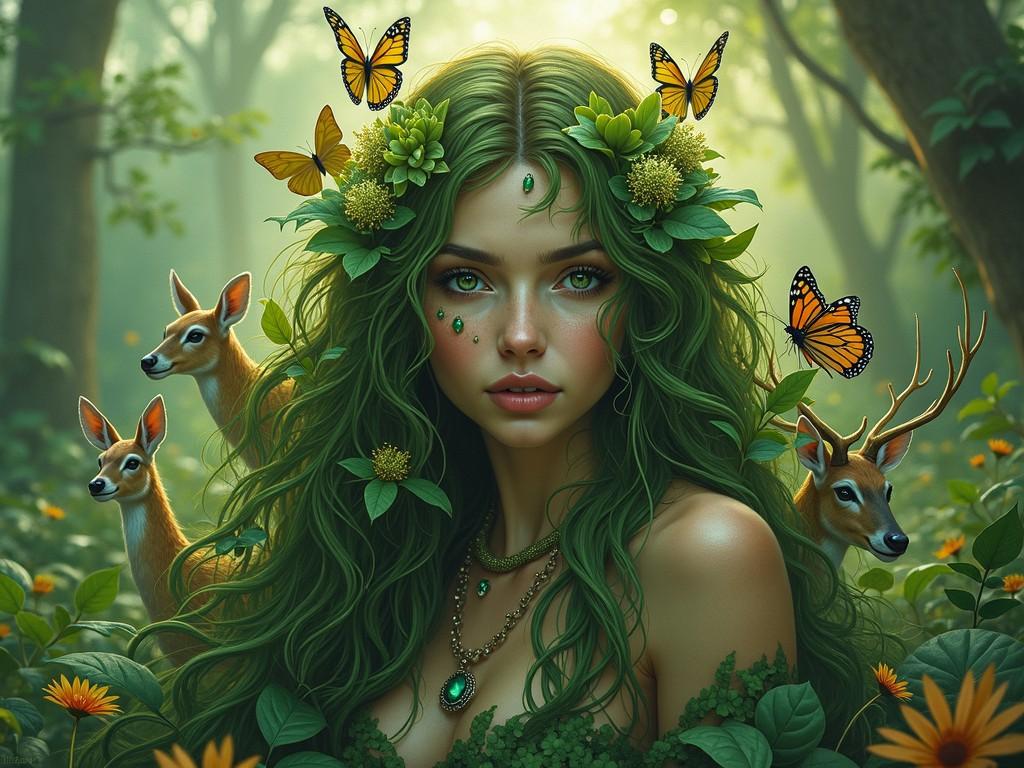 A mystical woman resembling a forest spirit, with lush green hair adorned with leaves and flowers. She is surrounded by deer and monarch butterflies in a verdant forest setting.