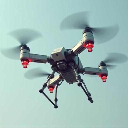 Futuristic drone flying in the sky. The drone has multiple rotors and bright red lights. Modern design features prominent. Showcase the device in motion.
