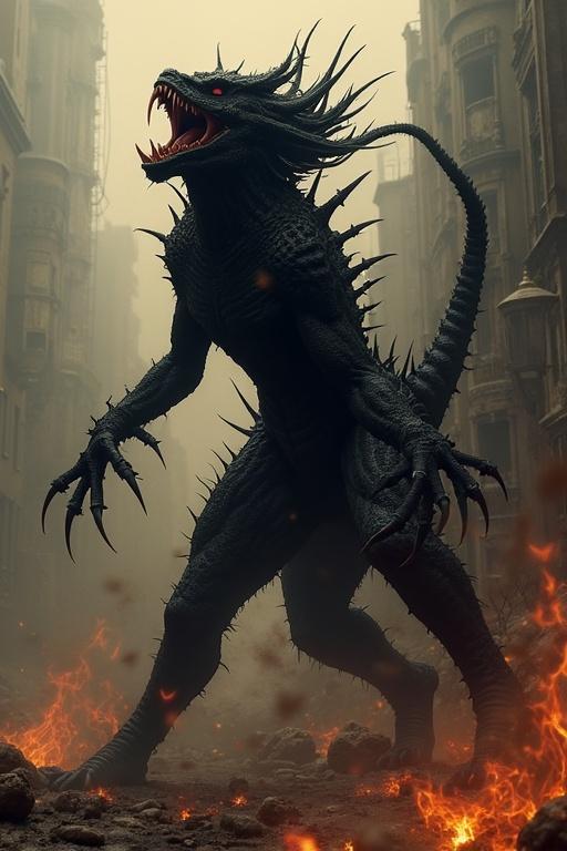 A powerful transformation of a character named Lilia into a monstrous form. Skin darkens, nails become black claws, and fangs grow longer. Bone spikes protrude from the back. Nine tails emerge from the body. Creature showcases beauty and danger. The setting is dim and shadowy with hints of fire and destruction.