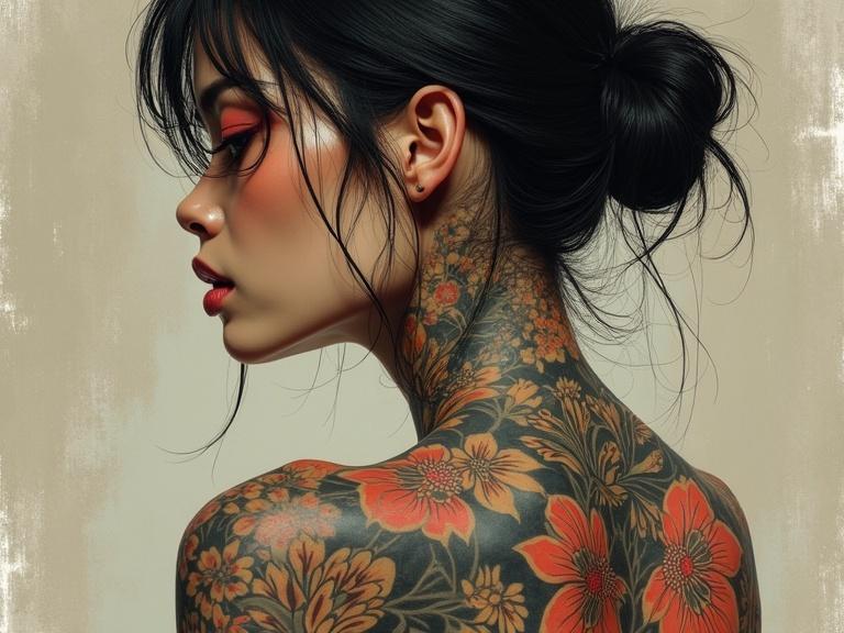 Portrait of a tattooed Japanese woman. Profile view showing intricate floral tattoos on the shoulders and back. Vivid details and textures in a soft light. Beautiful facial features and emotional expression are prominent. Styled as an art piece with a focus on body art.
