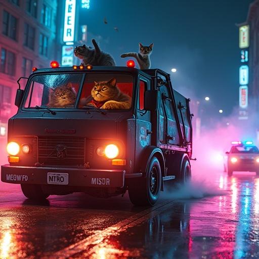 Cinematic scene of a modified garbage truck. A muscular ginger cat drives wearing aviators and a bandana. Three cats assist in the back. City streets are neon-lit at night with reflections. Police cruisers chase them. Trash bags explode with debris.