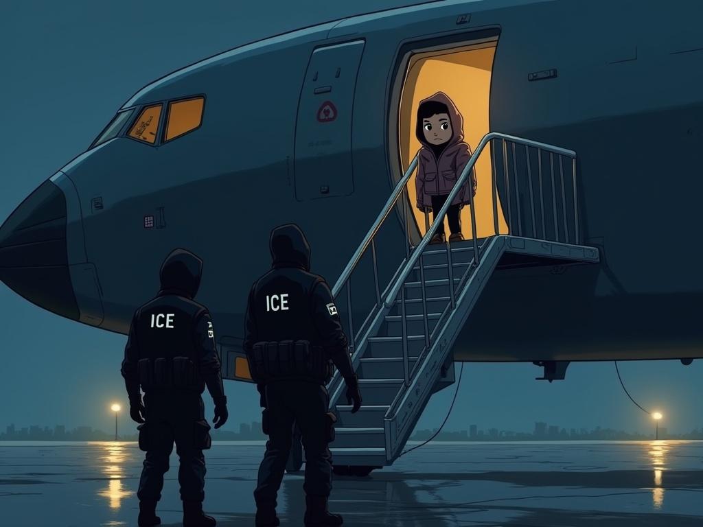 Dramatic Ghibli-style cartoon shows two hooded ICE agents carrying small sick 2-year-old up stairs of government airplane at night. Agents wear black hoods and uniforms marked 'ICE'. Baby wrapped in light blanket, looking confused. Large grey military-style jet with open hatch, harsh floodlights. Wet tarmac reflecting lights, tension and mystery in the atmosphere.