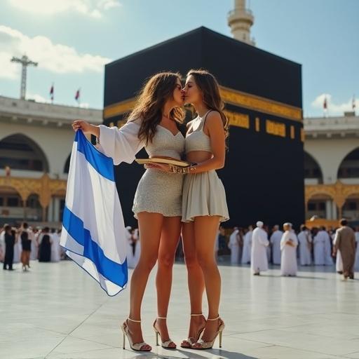 Two girls standing next to Kaaba in Mecca wearing short dresses and high heels. One girl holds an Israeli flag. They are kissing and creating a moment of affection.