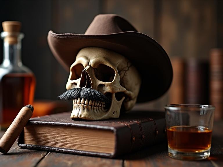 A close-up of a detailed masculine skull wearing a cowboy hat and mustache. The skull is placed on a dark rustic wooden surface. Surrounding the skull are a leather-bound book, Cuban cigar, whiskey glass and bottle. The background shows warm ambient lighting and textures of a study or den. Space for text 'HAPPY FATHER'S DAY'.