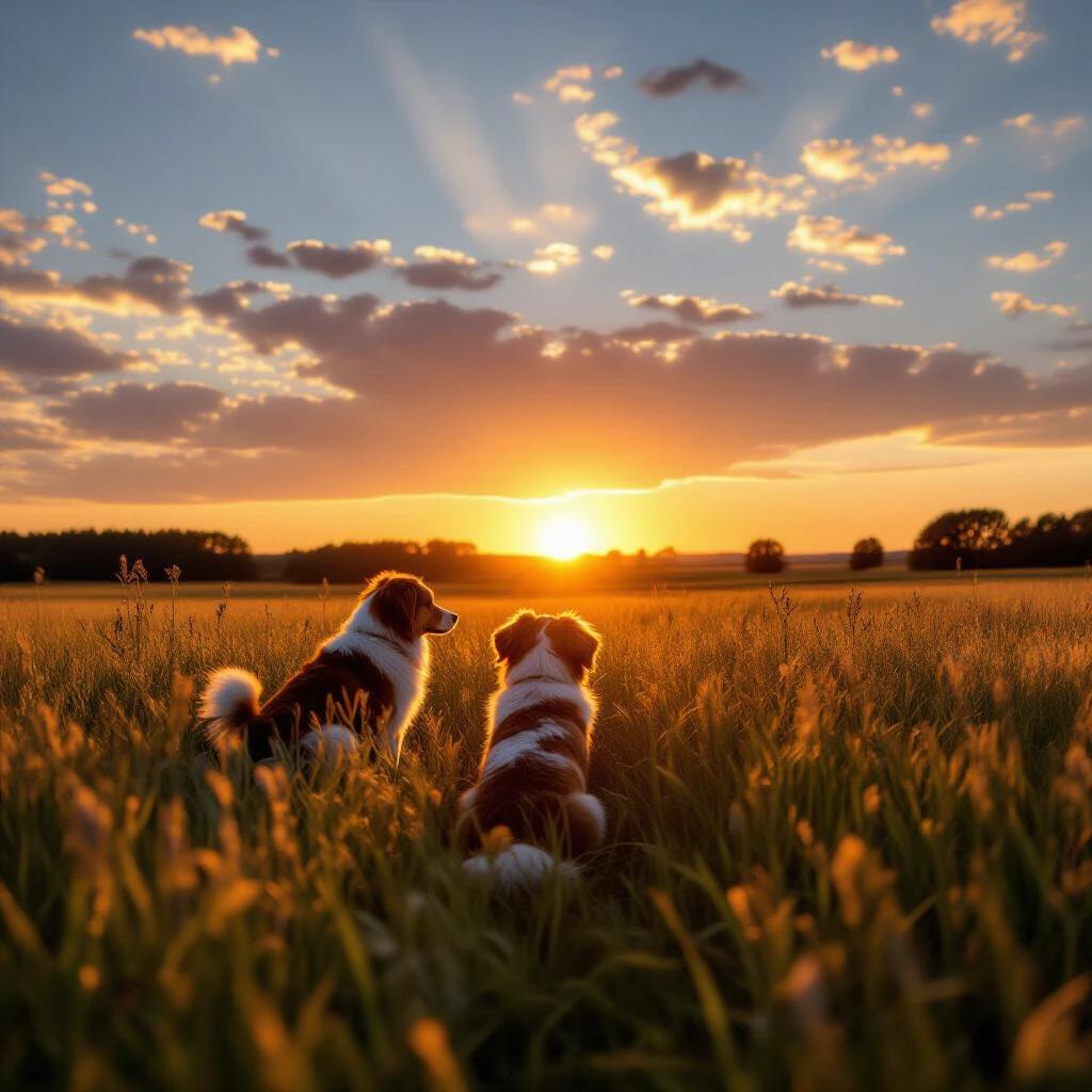 Two dogs silhouetted against a sunset in a golden grassy field. The scene captures a nostalgic moment. Clear and realistic quality. Wide angle perspective.