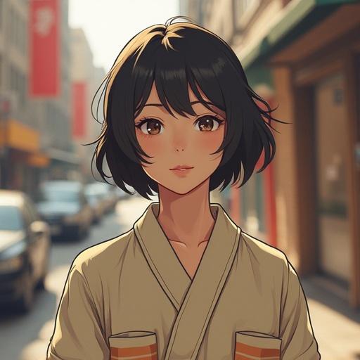 A young Japanese woman wearing a kimono stands on a city street. She has braces and appears to be in her mid-twenties. The background features blurred urban elements and soft lighting.