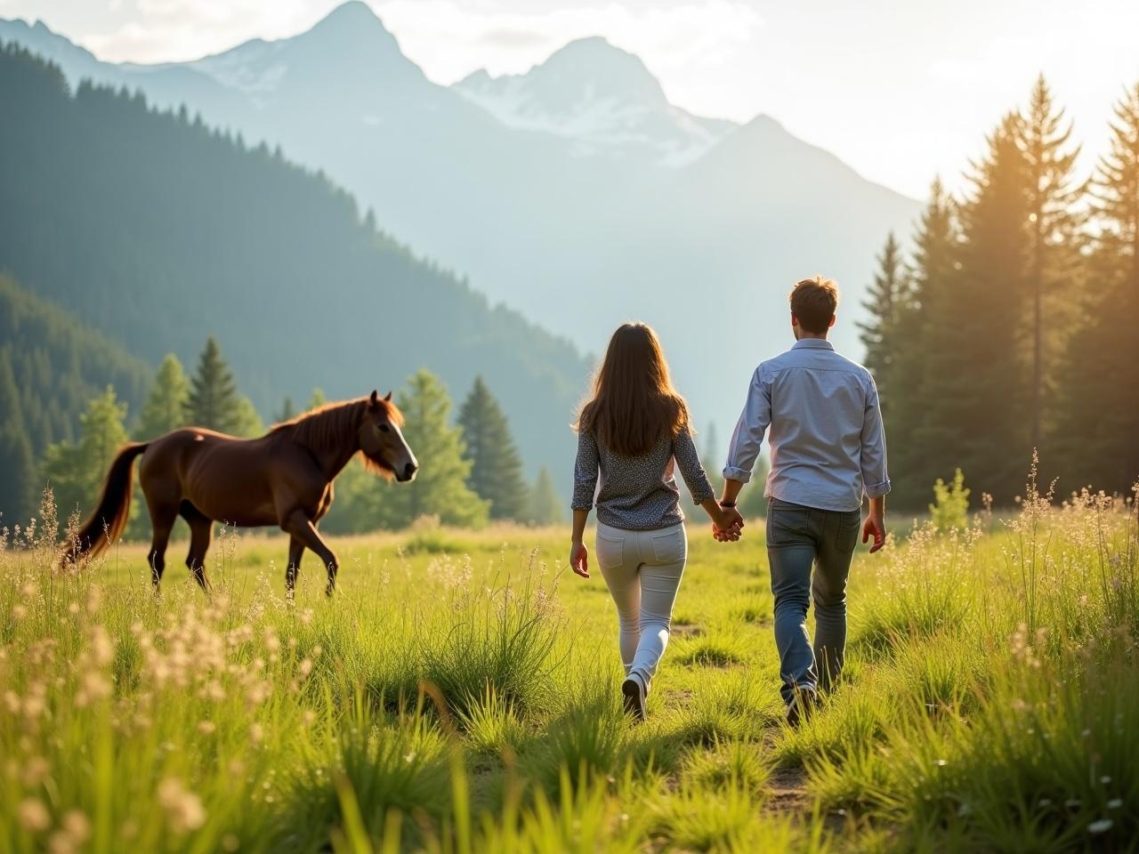 This image depicts a scenic outdoor setting with two individuals walking hand in hand in a lush green field. In the background, there is a beautiful brown horse roaming gracefully. The couple appears relaxed and engaged with nature, enjoying the peaceful surroundings. Misty mountains rise in the distance, hinting at a serene atmosphere. The sunlight filters through the trees, casting a gentle glow on the grassy area. The scene conveys a sense of tranquility and connection with nature.