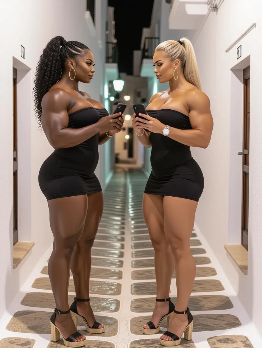 Two muscular women stand face to face in black dresses. One has curly black hair. The other has straight blonde hair. They hold iPhones in a Mykonos alley at night.