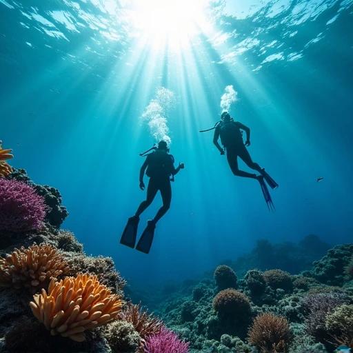 Scuba divers dive into the sea. Rays of light penetrate the water. Beautiful colorful coral fills the scene. The image is immersive and breathtaking from a wide angle.