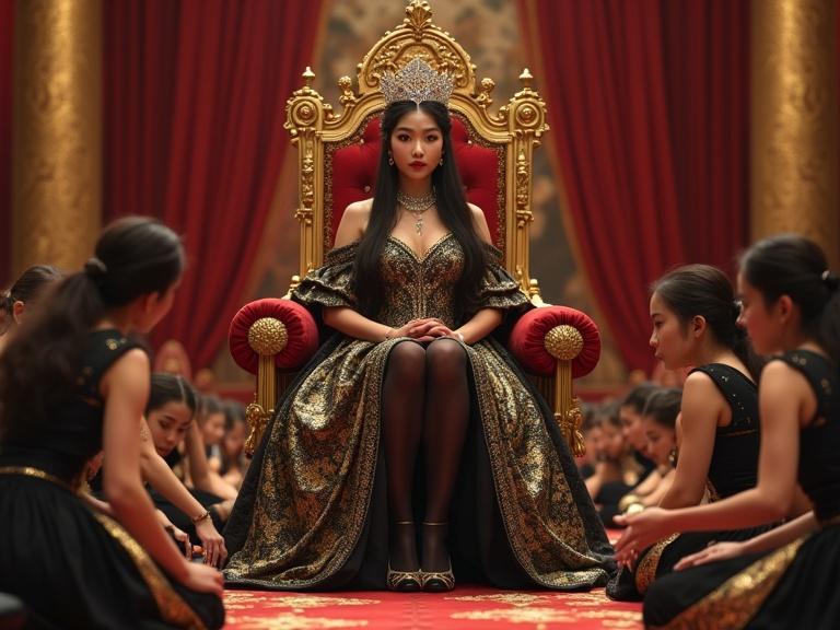 Young beautiful Empress on red and gold throne. Elevated above maids. Supreme royal authority. Gold-embroidered gown. Diamond crown. Black stockings. High heels. Proud expression. Submissive maids kneeling. Formal court ritual. Richly decorated palace. Golden columns. Velvet curtains. Soft lighting. Photorealistic detail.