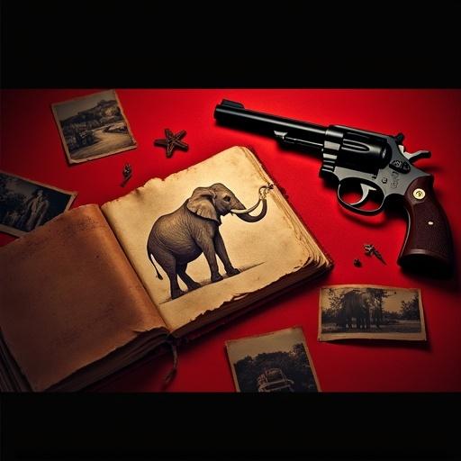 Design a YouTube thumbnail featuring a crimson red background. Include a revolver, scattered old photographs, and a torn diary page with a faint elephant sketch. Use bold, high-contrast text for the headline.