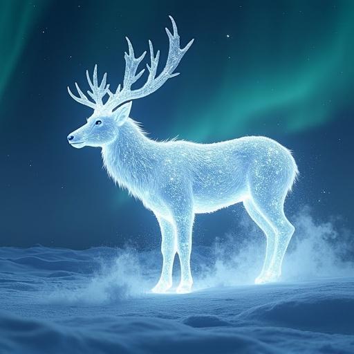 Ethereal spirit-like arctic creature made of living frost and shimmering dust. Translucent body glows gently with icy magic revealing crystalline structures. Glides gracefully leaving a trail of glowing frozen sigils. Features suggest deer or wolf silhouette, entirely from swirling ice and light. Set in vast arctic landscape with swirling snow and an otherworldly aurora. Soft magical lighting highlights luminescence and textures of frost.