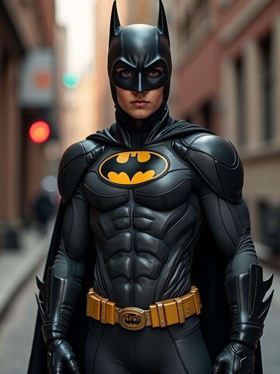 A teen dressed in an elaborate Batman costume stands confidently in an urban setting. The costume features the iconic Batman logo, a black cape, and a utility belt. Background includes an urban street scene with blurred lights.