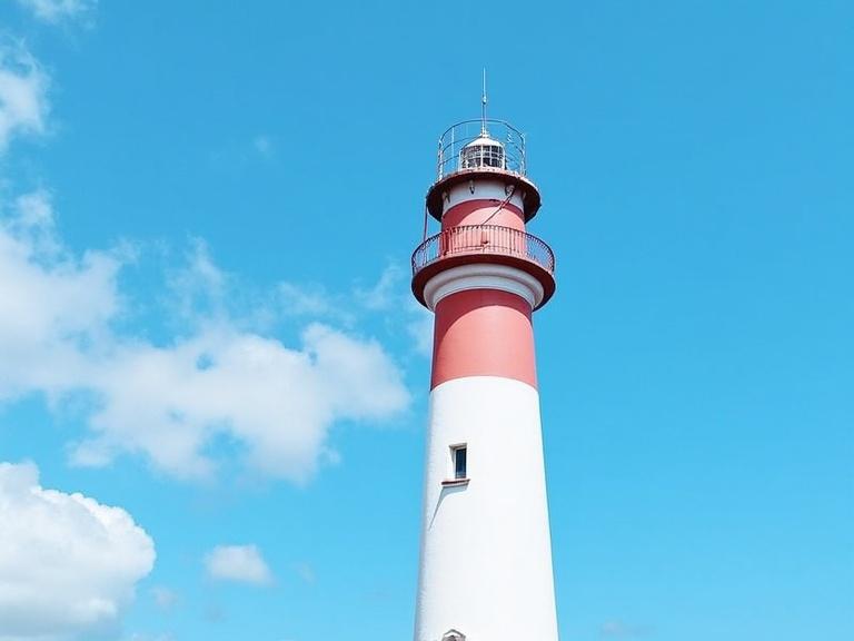 Photo of tall lighthouse featuring white and red cylindrical tower. Metal lattice structure at the top contrasts with bright blue sky. Scattered white clouds enhance the composition. Image captures low angle view with lighthouse positioned on the right. Sky takes up most of the background. Daytime scene with no people indicates clear weather. Vibrant colors create a serene atmosphere. Lighthouse includes several small windows and a door showcasing metal texture. Fluffy clouds add to the natural light setting. Simple composition highlights vertical orientation and detailed lighthouse structure.