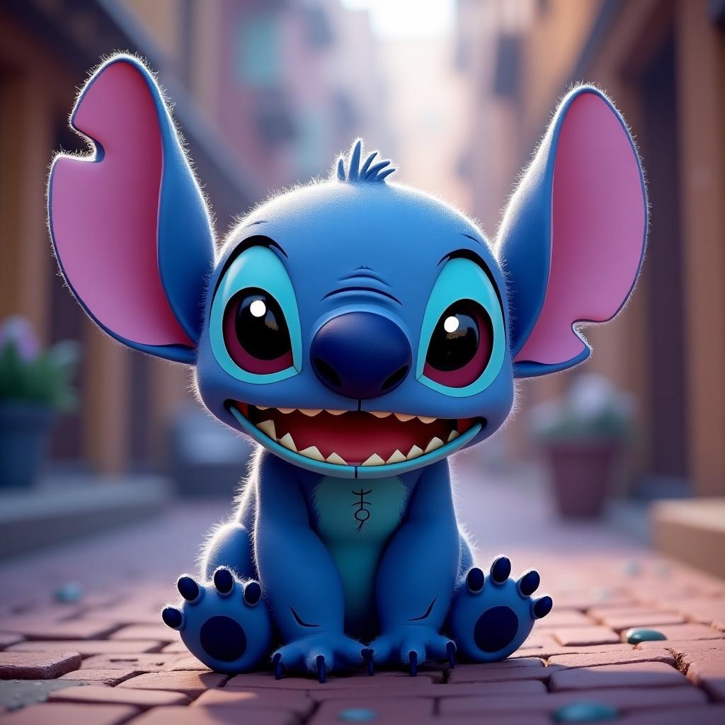 A cartoon character that resembles Stitch appears joyfully in a whimsical setting. The character has large ears and a bright smile.