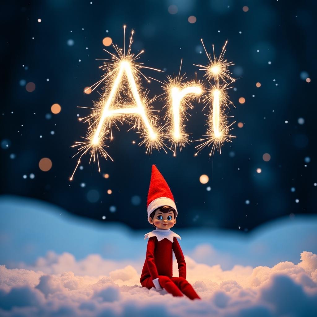 The image captures a whimsical Elf on the Shelf sitting in a snowy landscape at night. The scene is illuminated by the warm glow of sparklers forming the name 'Ari' in bright letters above the elf. Snowflakes gently fall in the background, adding to the magical atmosphere. The elf's expression is cheerful and playful, embodying the spirit of Christmas. The colors are vibrant, with a predominant blend of red, white, and blue, creating a perfect holiday setting. This enchanting image can evoke feelings of nostalgia and joy during the festive season.