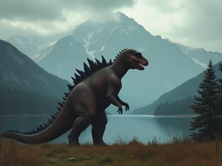 A dark cinematic scene featuring a 30-foot tall brown T-Rex Godzillasaurus walking in a grassy field. Surrounding trees and huge mountains are in the distant background. The sky is cloudy over a lake, creating an atmospheric feel. Elements include reflections, caustics, HDR effects, with detailed textures and shadows for realism, all enhanced by a dark grey filter.