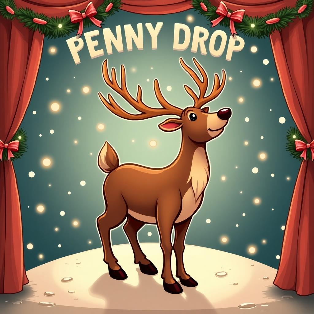 The image showcases a Christmas-themed game banner titled 'Penny Drop'. It features a cheerful reindeer, reminiscent of Rudolph, standing gracefully. The background is adorned with festive decorations, such as red curtains and green wreaths. Snowflakes gently fall in the backdrop, enhancing the holiday spirit. The design is vibrant and engaging, making it perfect for a family-oriented Christmas event.