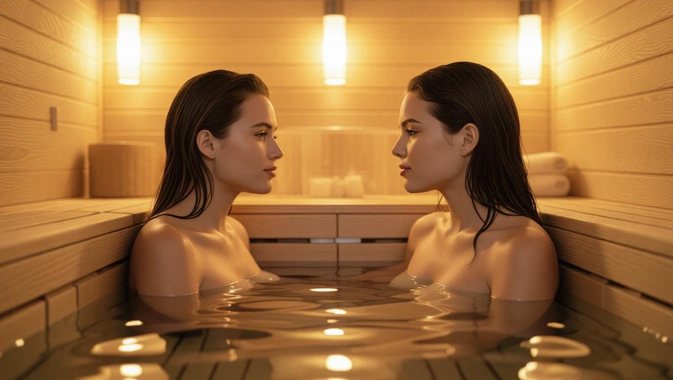 Realistic image showcasing two young women in a naturist sauna with warm lighting. The women are in a calm setting, sitting in water surrounded by wooden elements. The atmosphere is serene and inviting.