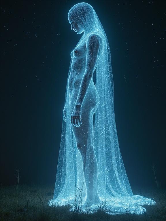 Mystical depiction of a divine figure against a starry night. The figure is made of light with a veil. Uses dreamy textures. Invokes an ethereal atmosphere.
