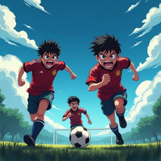 Two furious anime boys running with intense expressions and clenched fists. They chase a soccer player. Both wear red Manchester United jerseys. They are on the far left and far right of the frame. Empty space in the center. Dark blue sky with stylized clouds. No sunlight. No warm tones. Sharp motion lines. Anime illustration style. Cool-toned lighting. Vertical layout.