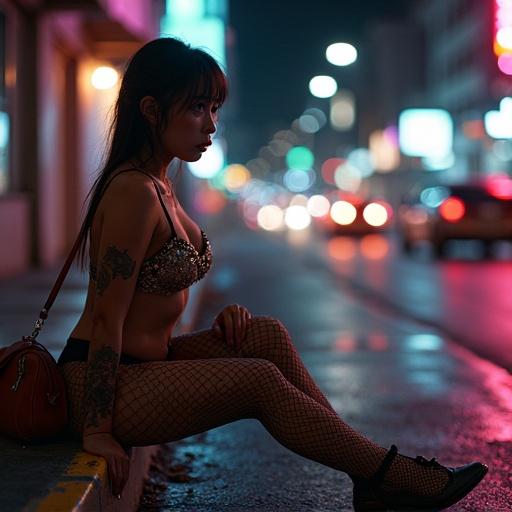 A street corner in a neon city. A young ladyboy poses wearing a sequined crop top and fishnet stockings. The scene is filled with flickering neon lights from passing cars. Shadows twist around her as she navigates a moment caught between vulnerability and defiance. Tension fills the air, illuminated by a pulsating streetlight. Photography captures the fleeting moment.
