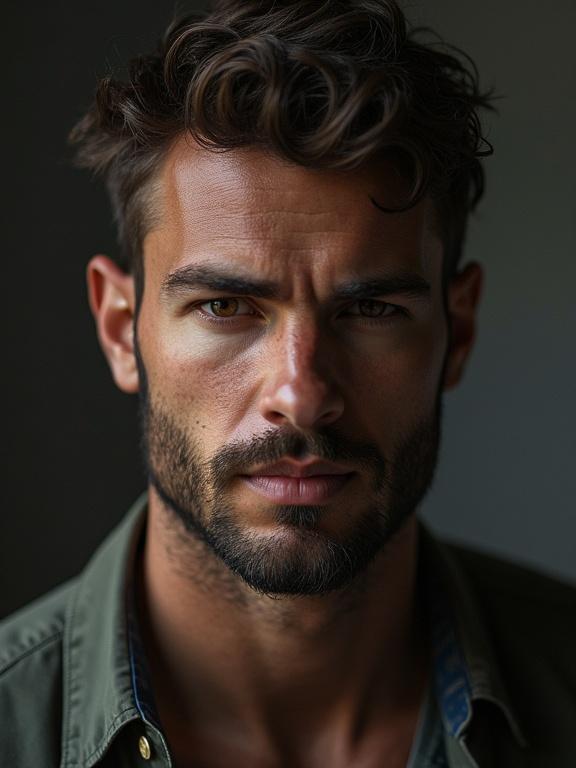 Photoreal male portrait with strong features. Close-up of a man's face with defined jawline and expressive eyes. Natural light enhances details in skin and hair.