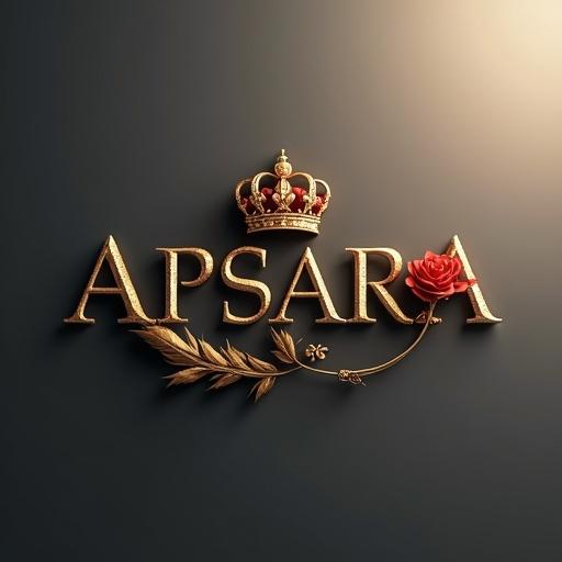 Photorealistic 3D render of the APSARA logo. Logo crafted to evoke luxury and heritage. Text in gemstone and gold serif font. Gold crown centered above lettering. Rose with dewdrops rests on right. Elegant golden feather arcs towards logo. Soft gradient background transitions from charcoal gray to off-white. Subtle vignette emphasizes richness. Small handwritten letters below logo.