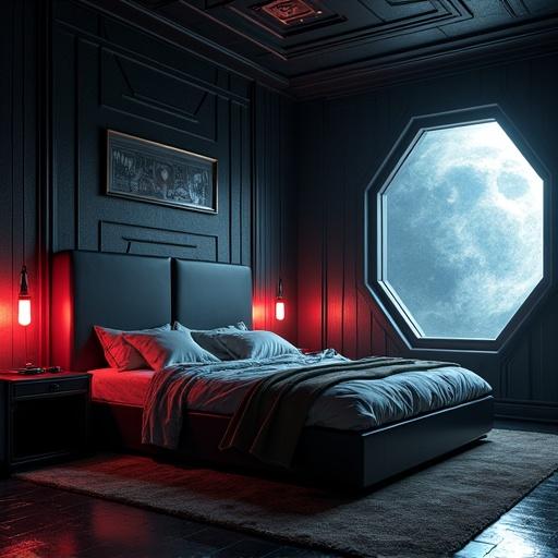 A dark bedroom inspired by the Death Star from Star Wars. Features red lighting, futuristic design elements, and a large window with a view of a planet. Includes a bed with gray bedding and a nightstand.