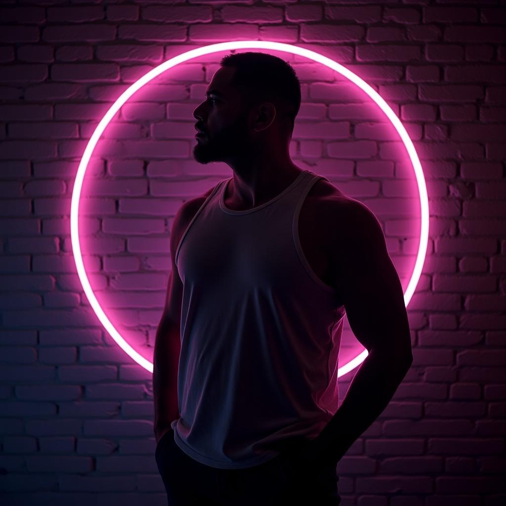 Silhouette of a figure in front of a neon circle against a textured wall. Male figure wearing a sleeveless shirt. Neon lighting creates contrast.