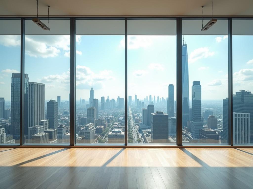 The scene depicts a spacious, empty office space with large, floor-to-ceiling windows. Through the windows, a stunning view of a modern cityscape is visible, filled with tall buildings and skyscrapers. The atmosphere is bright and inviting, with natural light pouring into the room. The flooring is made of light wood, giving the space a warm and contemporary feel. The sky is clear with a few clouds, suggesting a pleasant day outside. This office space is perfect for a professional setting, allowing for creative thoughts while being surrounded by the lively urban environment.