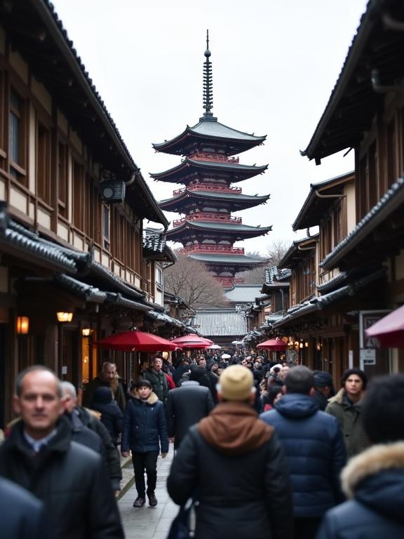 Photograph captures traditional Japanese street scene from low angle. Tall pagoda with multiple tiered roofs stands in background. Surrounded by wooden buildings with slanted roofs. Crowded with people wearing winter clothes. Overcast sky with muted colors. People in various poses. Some looking at pagoda, others talking or taking pictures. Traditional architecture and wooden textures evident. Narrow alley with street sign on right. Captures casual atmosphere of everyday life. Prominent tourist area showing cultural setting.